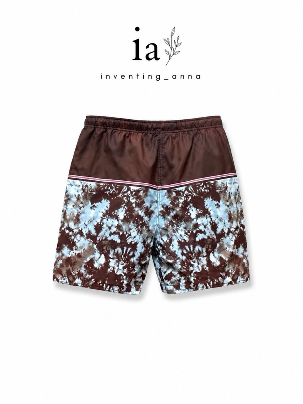 Men's Chocolate Brown and Light Aqua Colored Swim Shorts Tie Waist